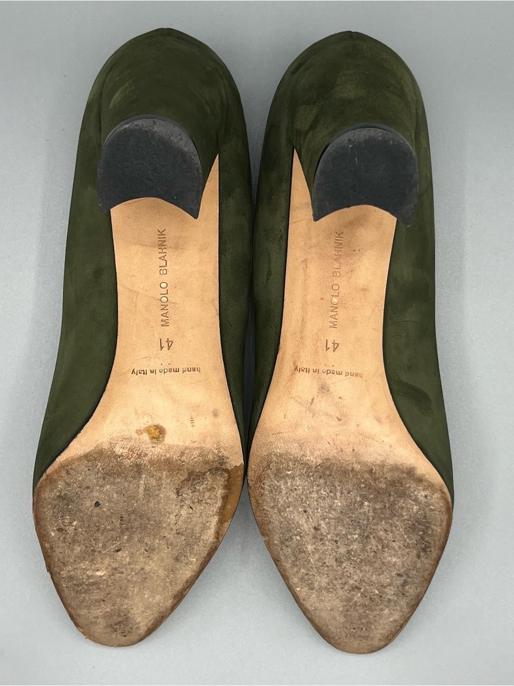 Manolo Blahnik Olive Green Suede Pointed-Toe Pumps Size IT41 US 10 - Picture 16 of 16
